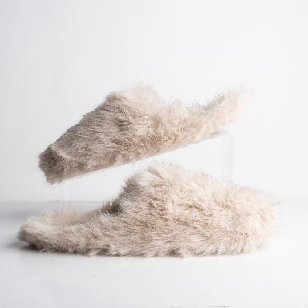 Zara Home Womens Faux Fur Slippers fuzzy Gray Ivory US 10 EU 41 New Tags